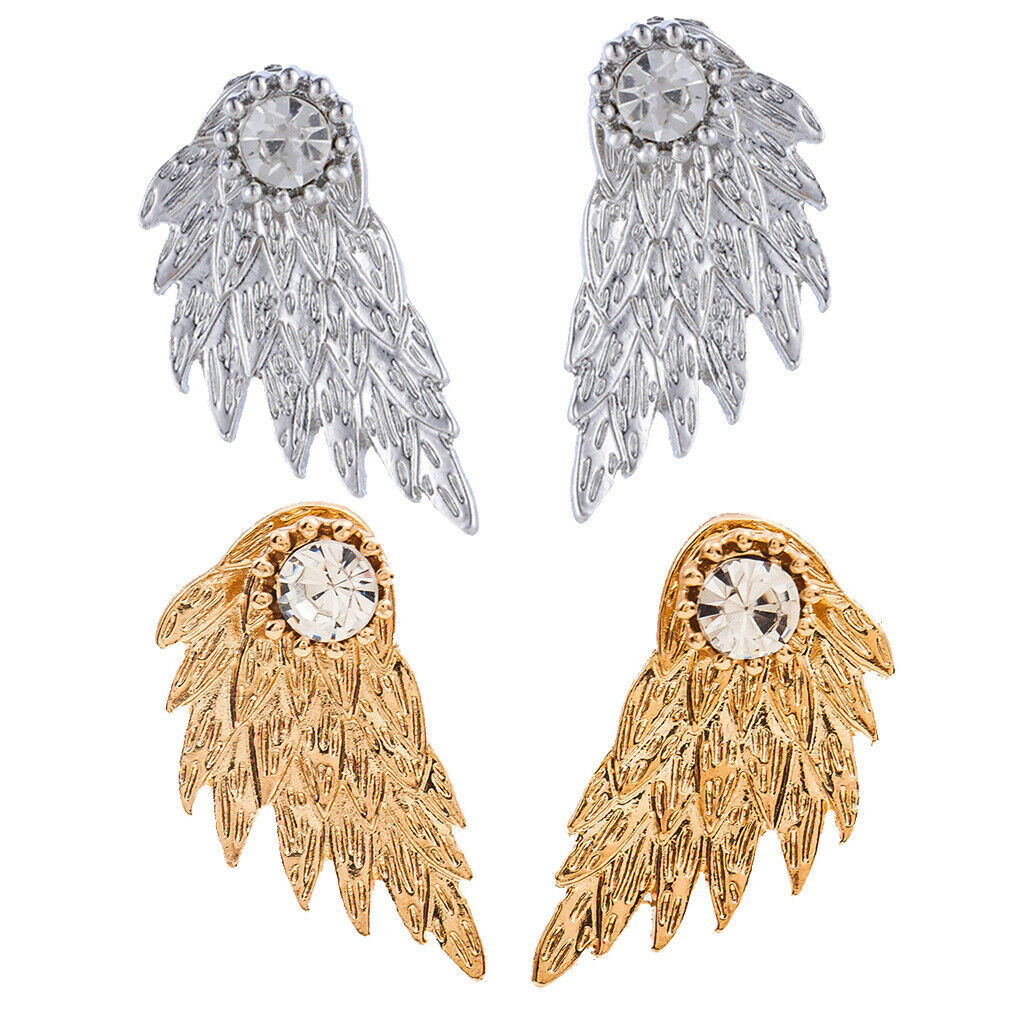 2 Pairs Fashion Women Angel Feather Wing Earrings Rhinestone Dangle Ear Stud