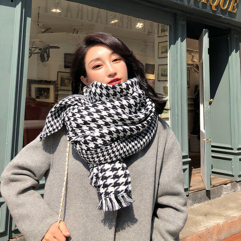 Ladies Houndstooth Scarf Shawl Wrap Faux Wool Black White Check Plaid Tassel