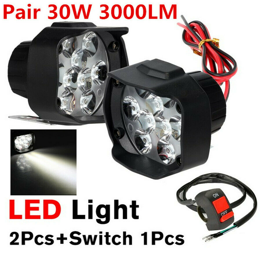 2x Motorcycle Headlight Spot Fog Lights Head Lamp 9 LED Front 15W 1500LM +Switch