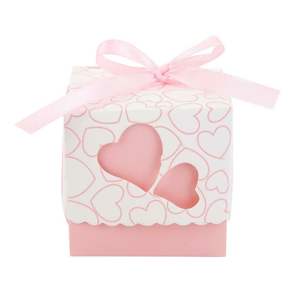 10pcs Double Heart Cut Hollow Candy Boxes Wedding Valentine Gift (Pink) @