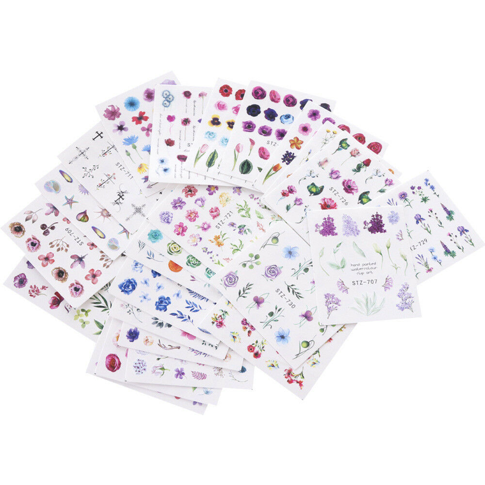 24 Sheets Nail Art Stickers Watercolor Water Transfer Decals Flowers Tips Set