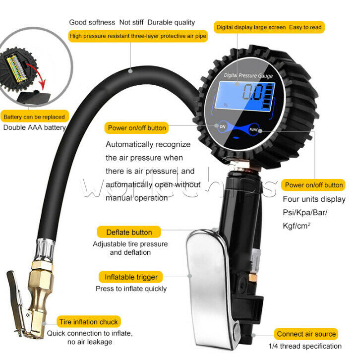 Digital Tire 200 PSI Inflator with Pressure Gauge Air Chuck for Truck/Car/Bike