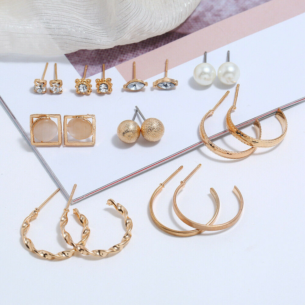 9 Pairs Elegant Women Rhinestone Crystal Zircon Earrings Set Jewelry Ear Stud
