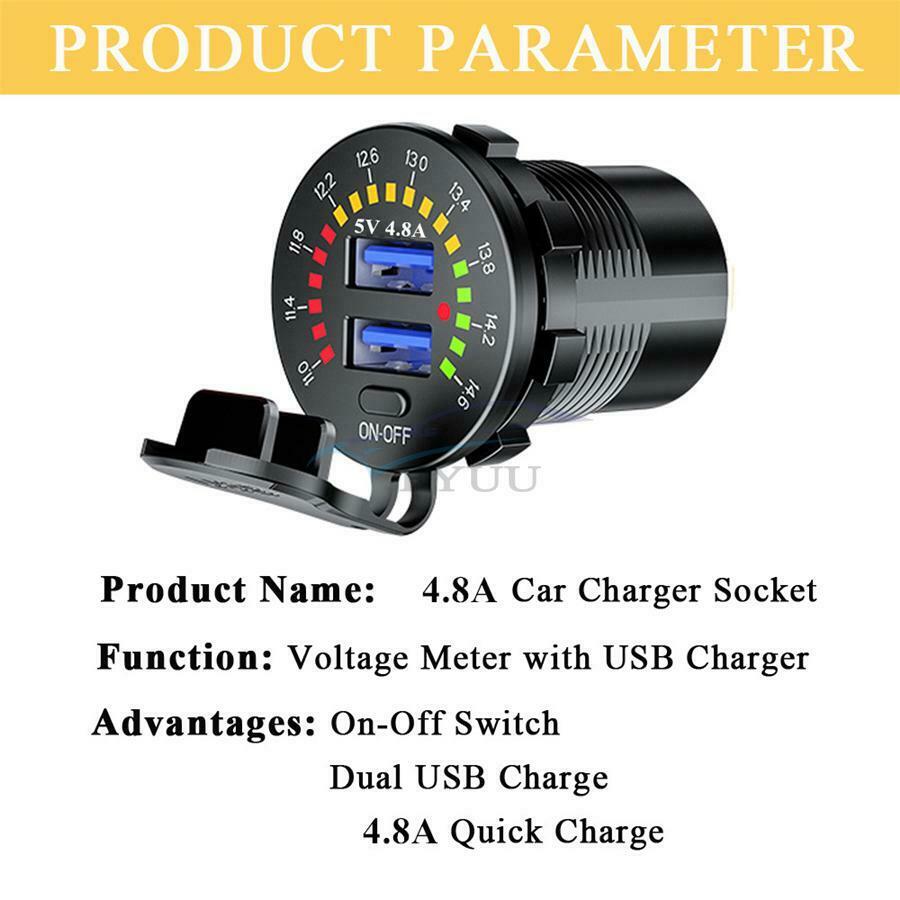 1PCS Car Dual USB Socket 4.8A Phone Charger Black with LED Voltmeter Switch