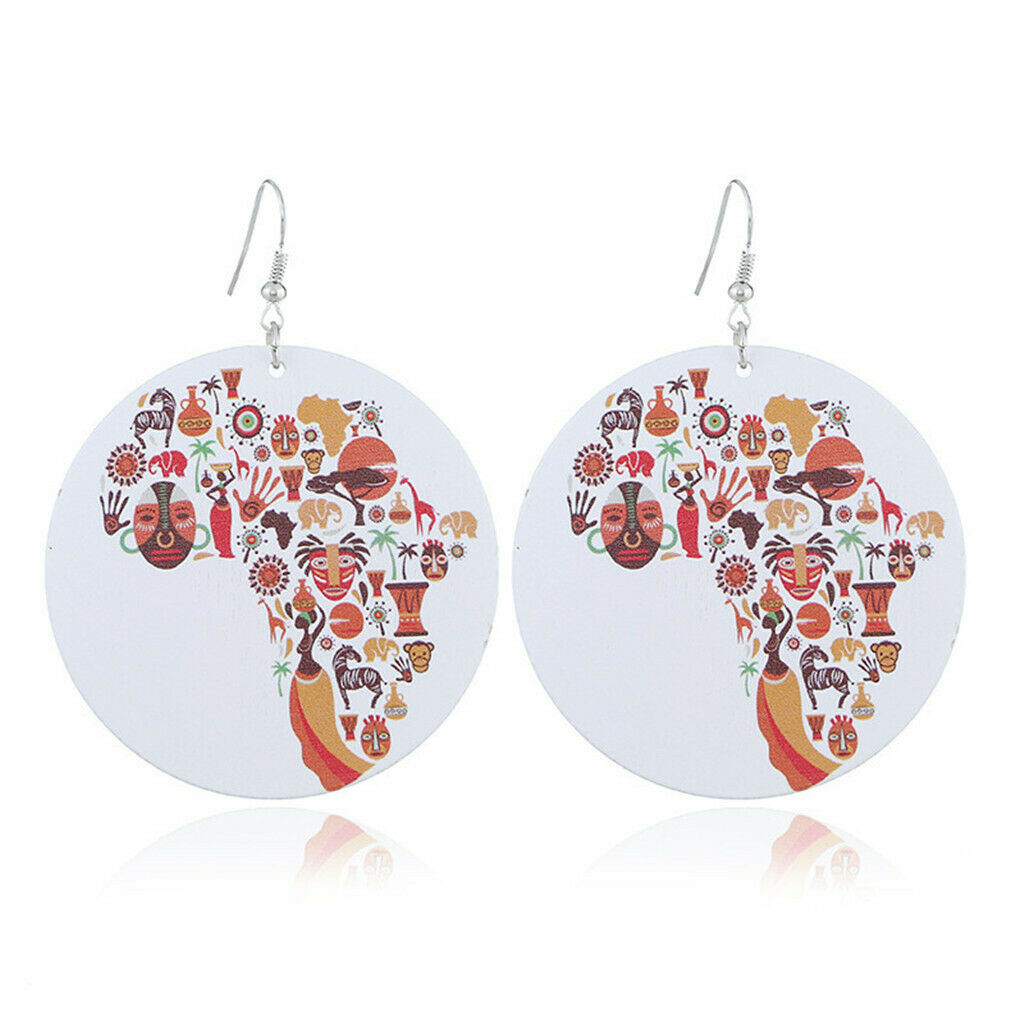 Color geometric round wood printing combination African map earrings wood