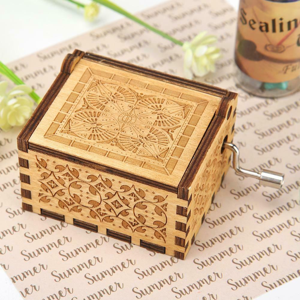 Retro Hand Cranked Music Box Wood Carved Kid Child Birthday Gift Home Decor @