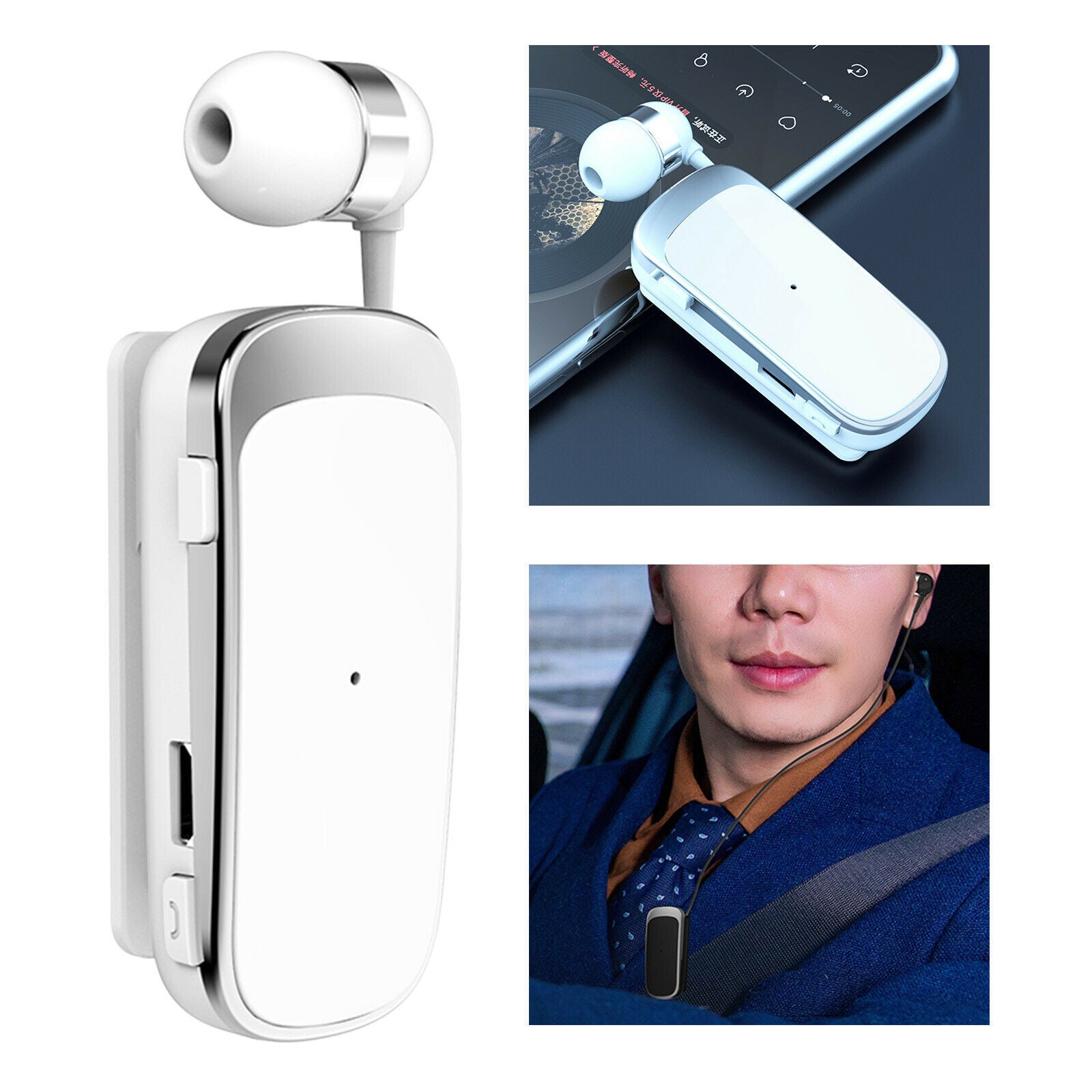 Bluetooth Headset Stereo Collar Clip Earphone Handsfree White with box