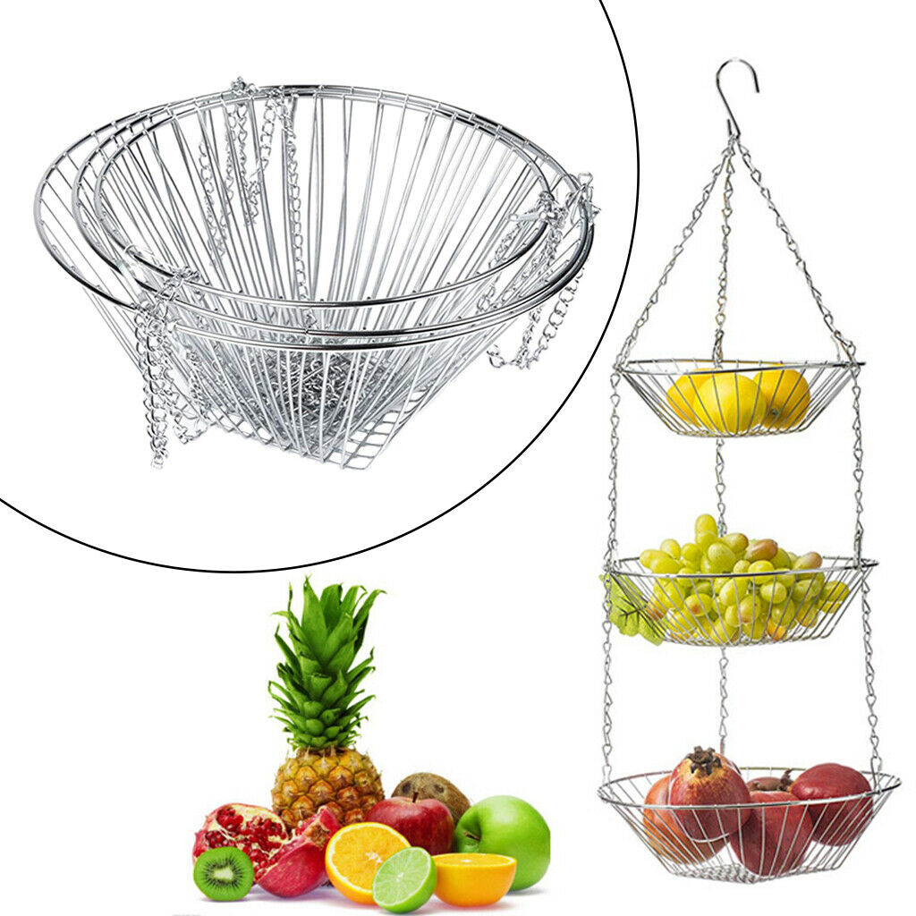 3-Tier Bowls Hanging Fruit Basket Iron Wire Holder Rack Organizer Countertop