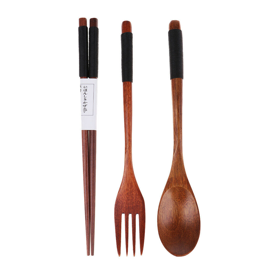 Portable Travel Camping Compact Utensil Set Wood Spoon Fork Chopstick Black