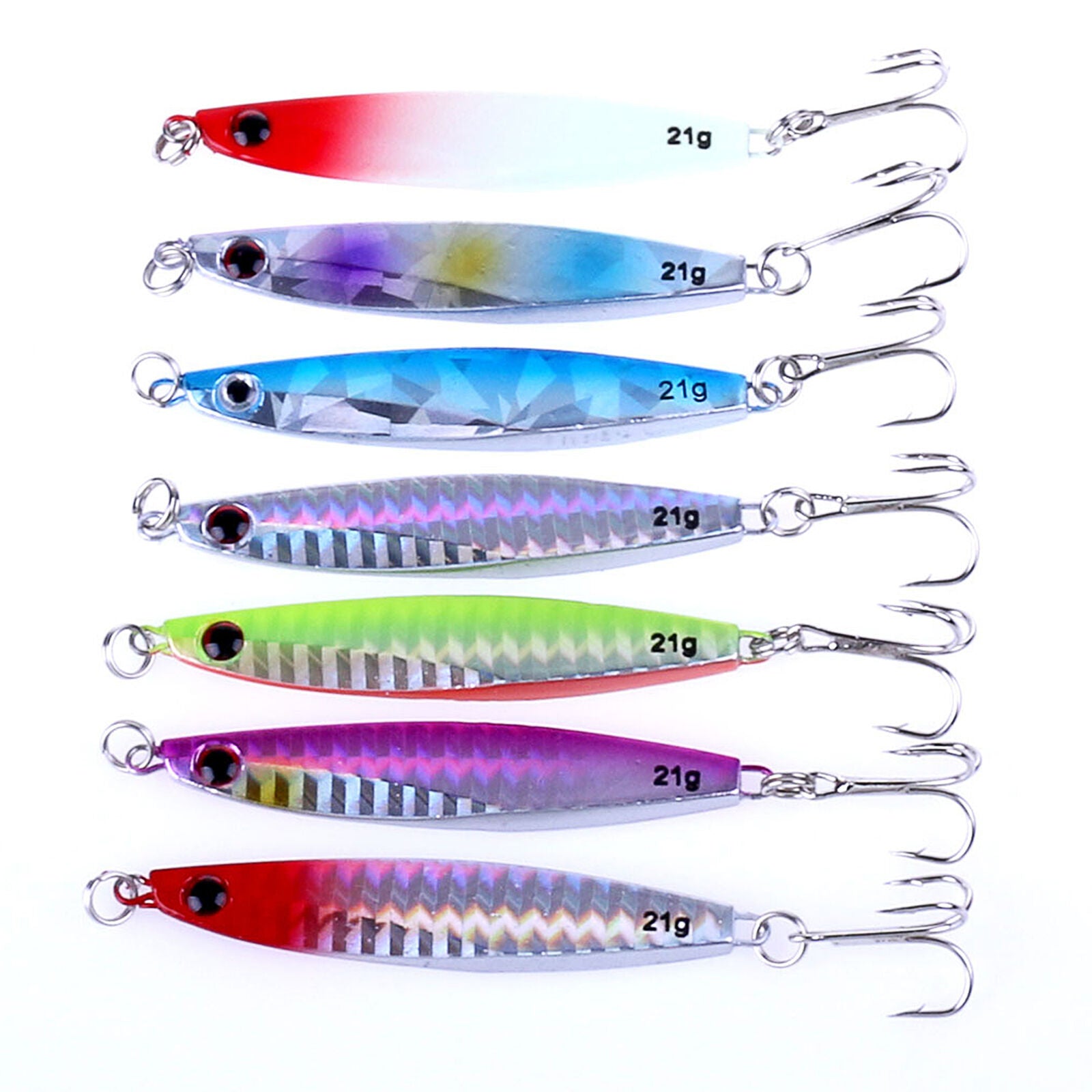7 pcs Colored Plate Fishing Lure Hooks 6# Jig Metal Bait Fish Tackle 21g/7cm