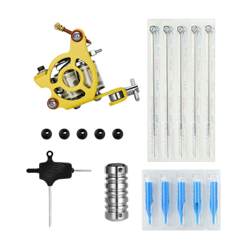 Complete Tattoo Kit Machine Gun Needles Tube Tips Handle Pads Set Yellow