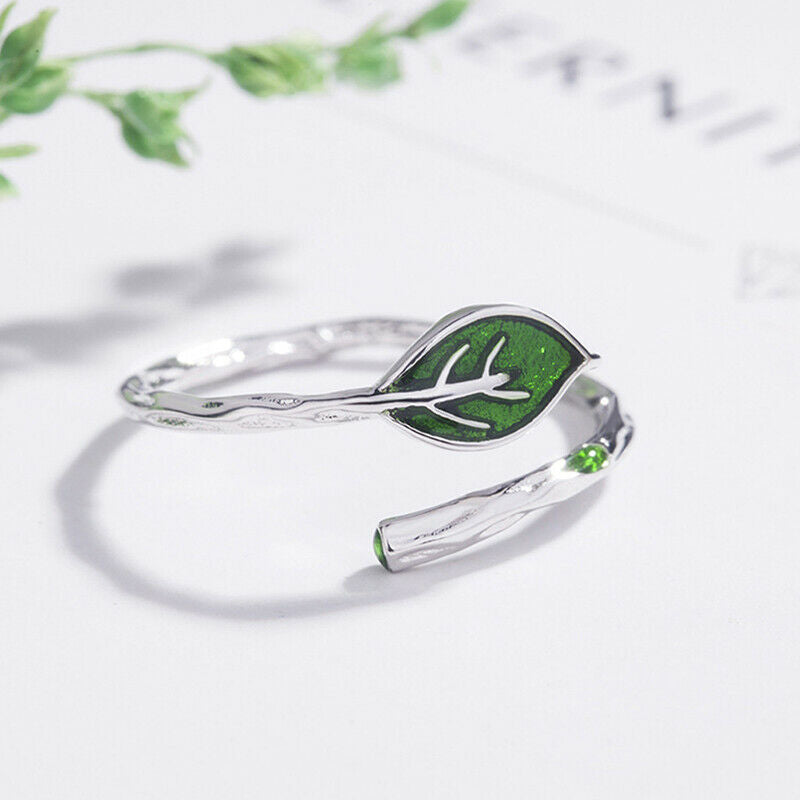 art small fresh branch green leaf ring Creative simple opening adjustable.l8