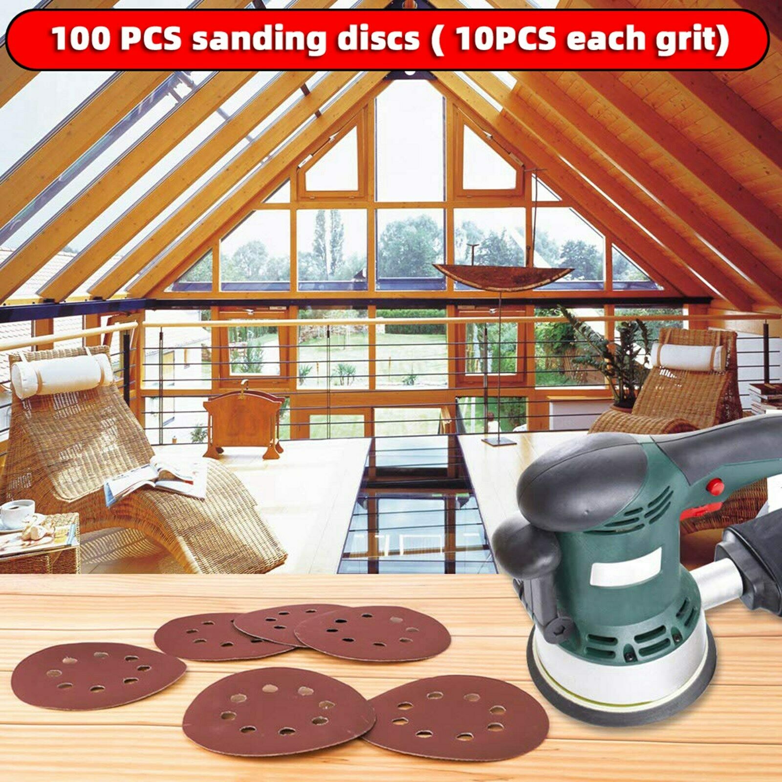 100 pack Sanding Discs 5 Inch 8 Holes Hook & Loop Random Orbital Sandpaper Grit