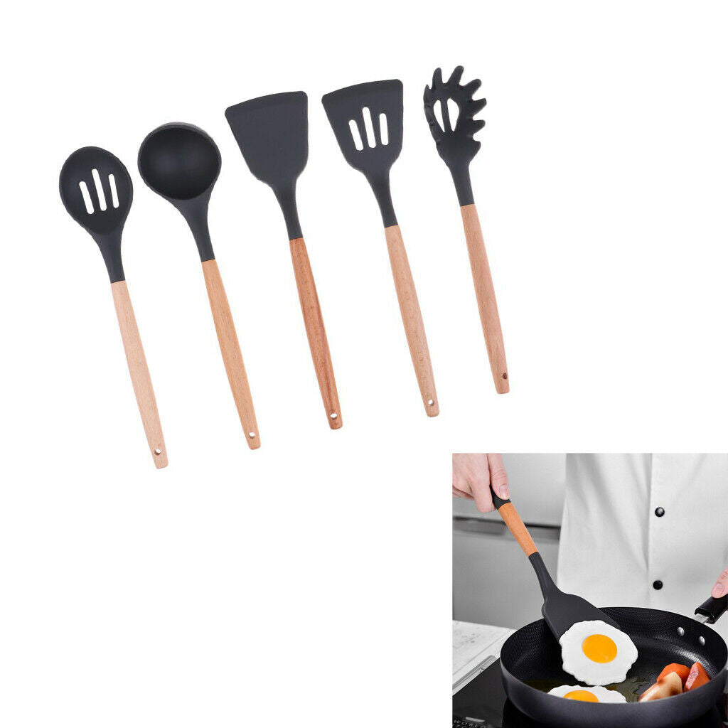 Outdoor Camping Kitchen Utensil Set Silicone Cooking Tool with Wood Handle B