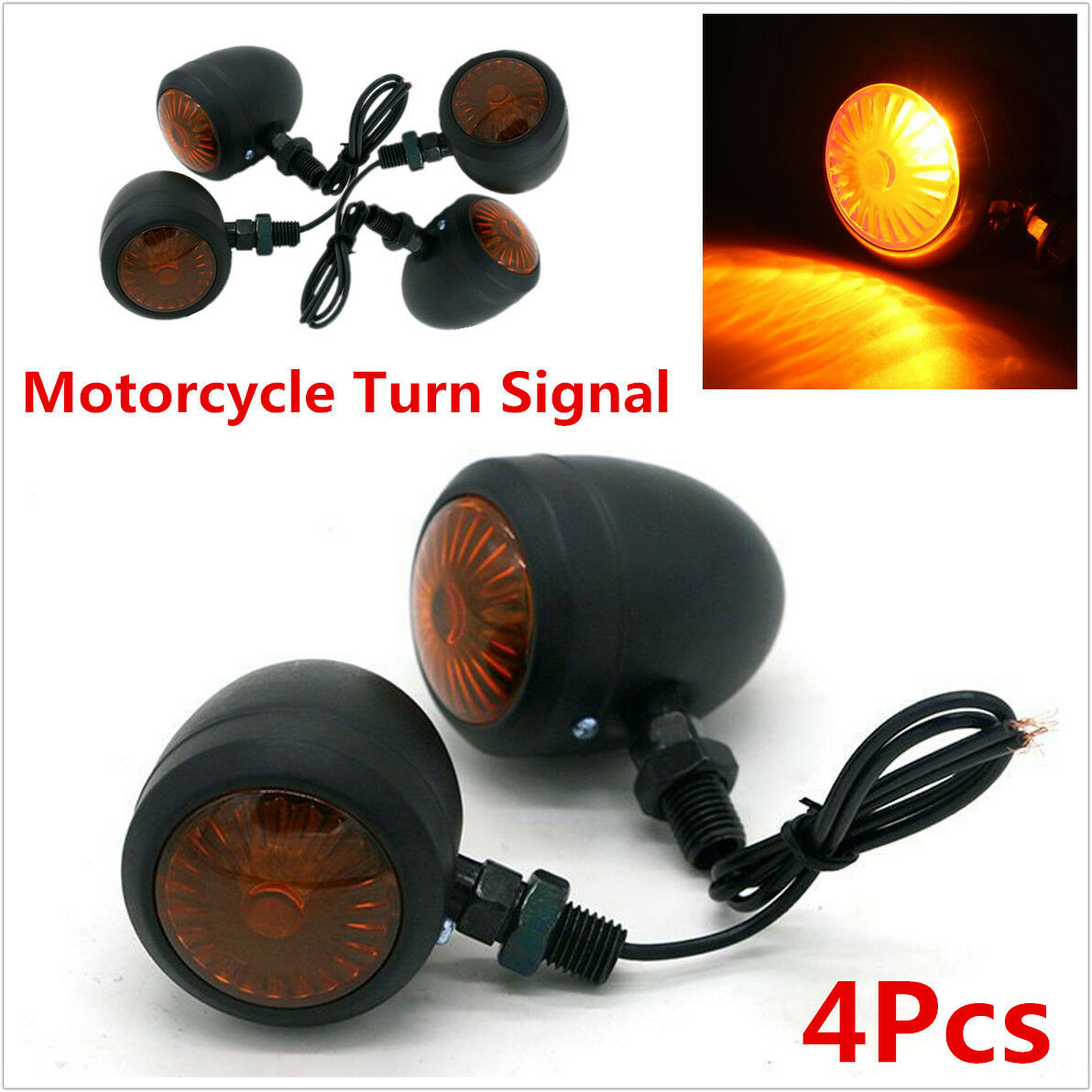 4Pcs Universal Classic Black Metal Shell Motorcycle Turn Signal Indicator Lights