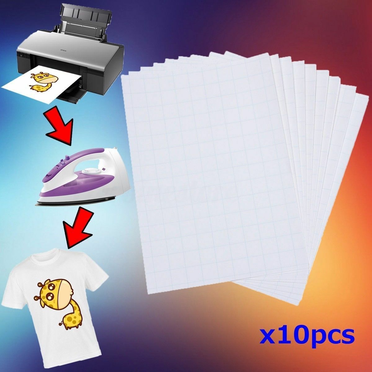 10pcs T-Shirt A4 Transfert Papier Ã  Repasser Chaleur Presser LumiÃ¨re Tissus Jet