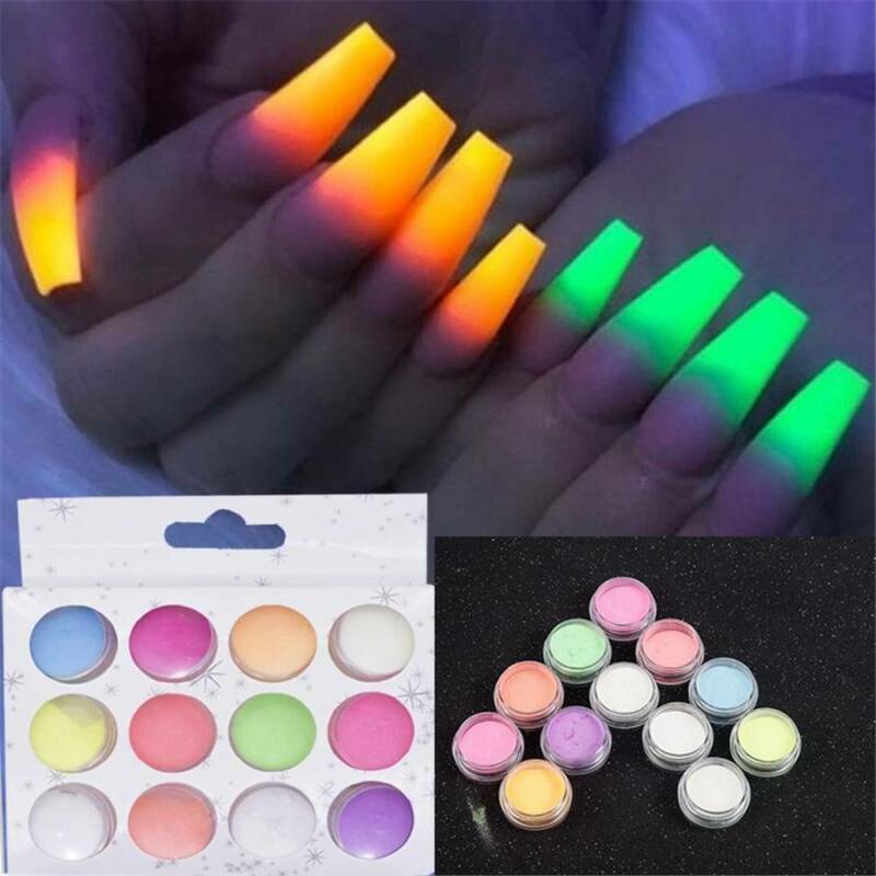 12 * /Box Acrylic Luminous Fluorescent Powder Glow In the Dark Nail Art Pigments