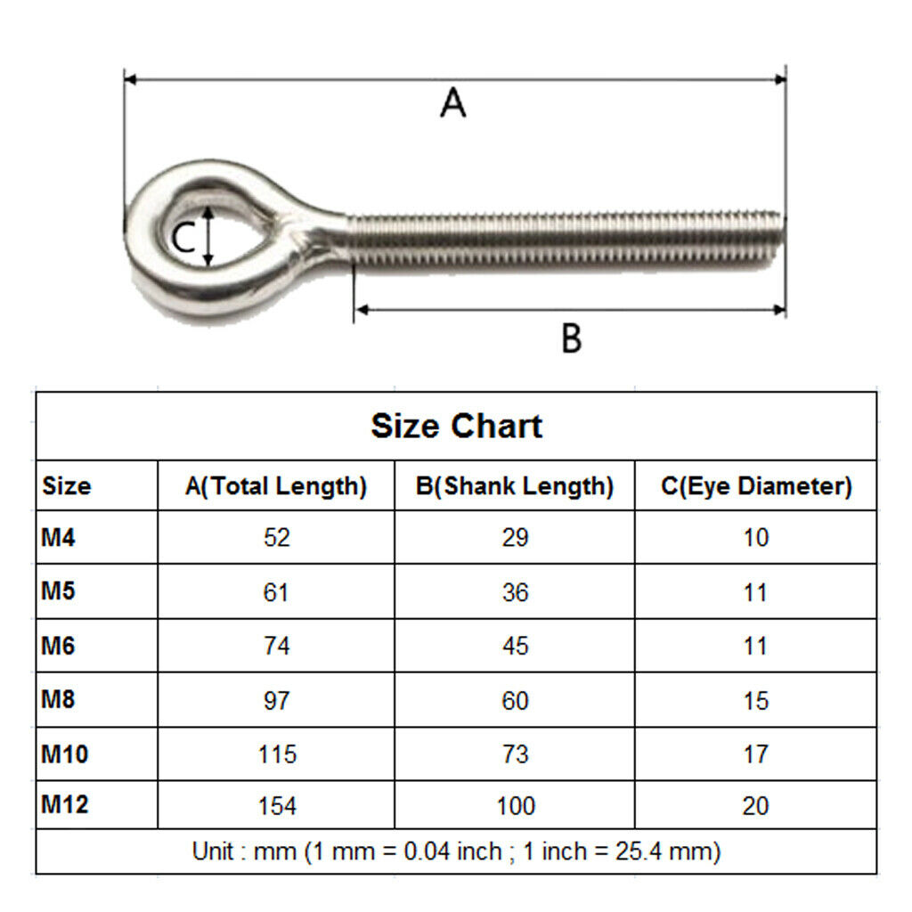 5x Marine Grade Stainless Steel Long Lifting Eye  - M4 M5 M6 M8 M10