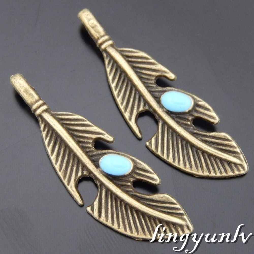 12 pcs Retro Bronze Charm Leaf with Turquoise Gem Pendant Dangle DIY 36*12*2mm