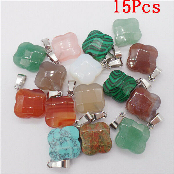 15Pcs 18x7mm Multicolor Mixed Stone Agate Faceted Clovers Pendant Bead HH9534