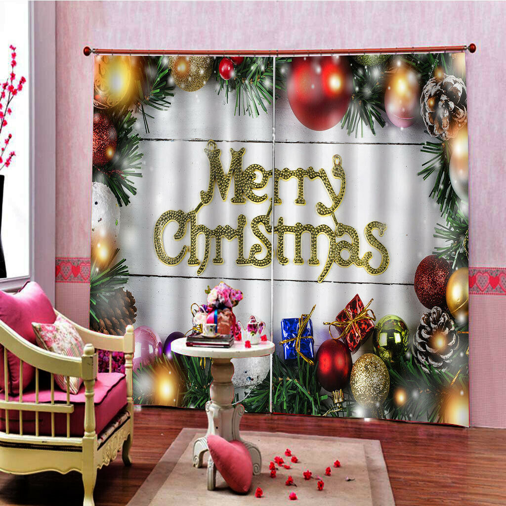 Christmas Curtains Baubles Pine Twig Print Living Room Window Drapes 2 Panel