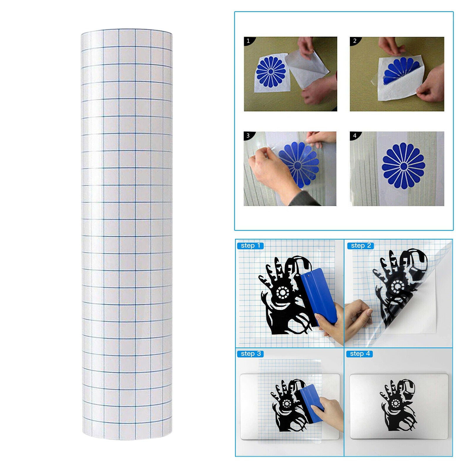 12''x3.28 Feet Roll Clear Transfer Tape W/ Grid for Adhesive Vinyl Transfer Tape