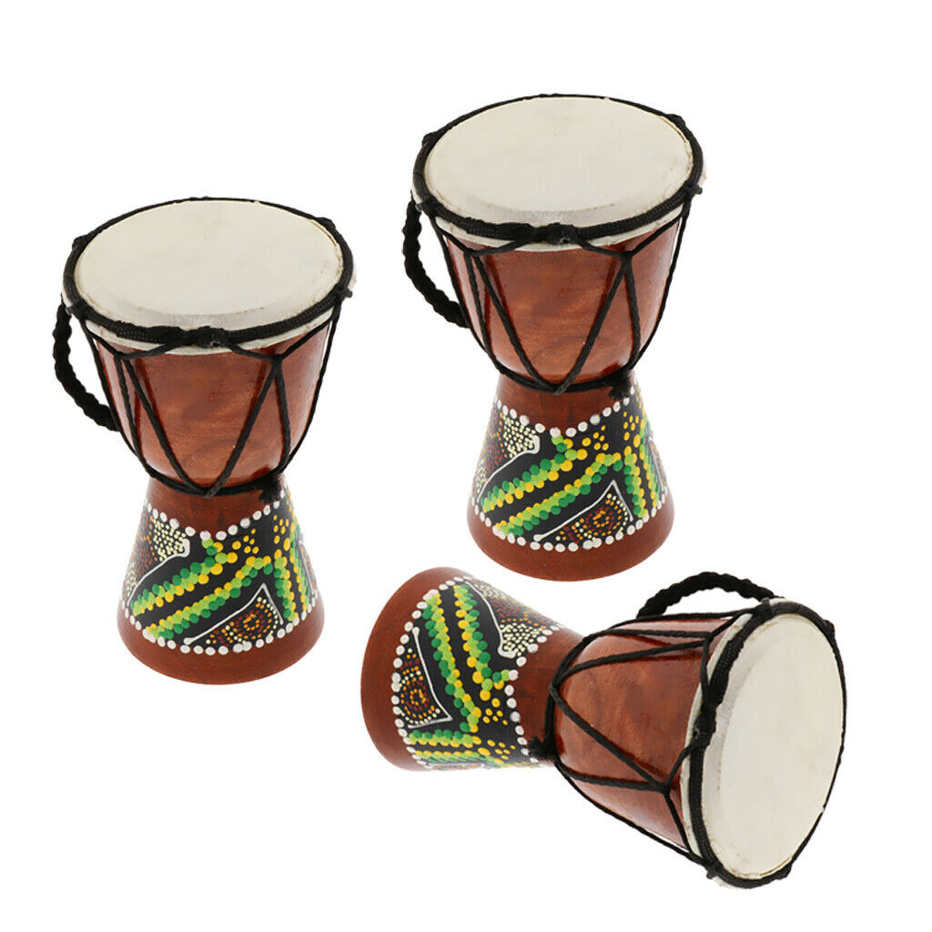 3 Pcs 15cm Djembe Drum with Hand Painted Design - West African Bongo Drum