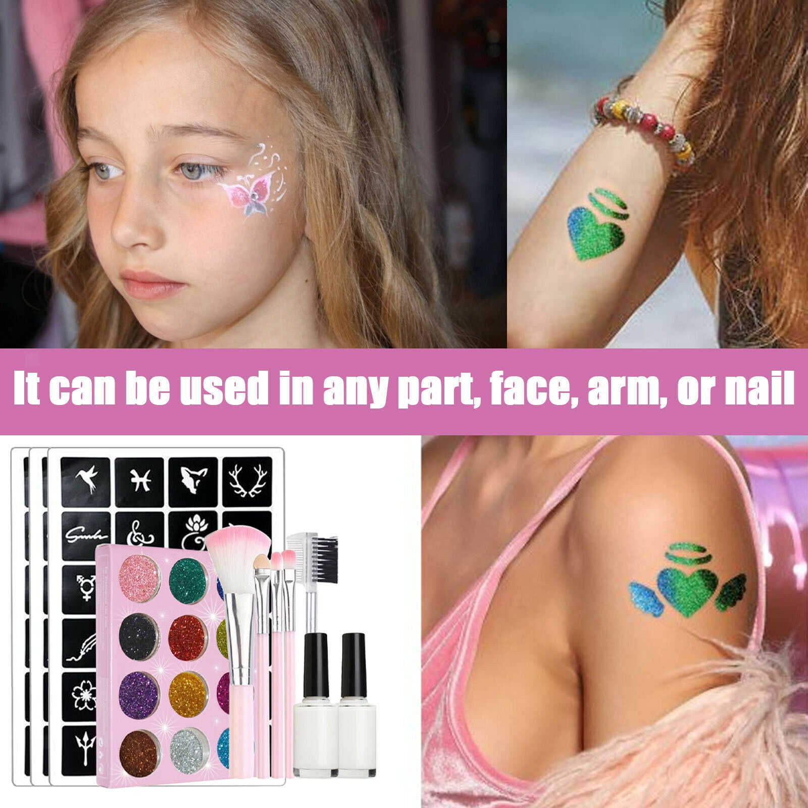 DIY Glitter Tattoo Kit 12 Glitter Colors Brush Set for Girls Kids Teenagers