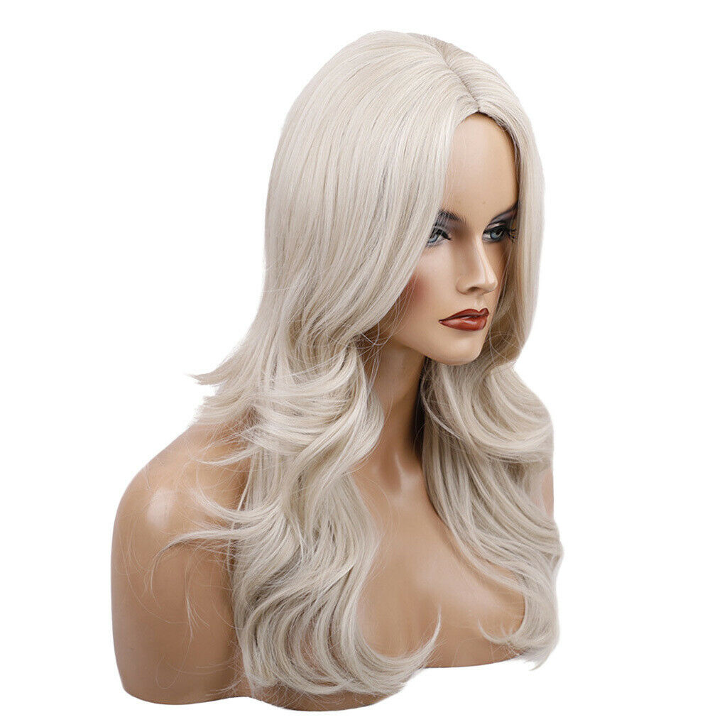 Women Synthetic Long Curly Wavy Wig White Mixed Color Side Part Full Wigs