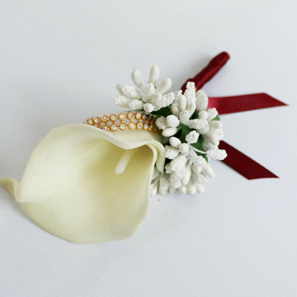 2Pcs Cute Calla Berry Rhinestone Groom Bridal Wedding Corsage Peach 2 Colors