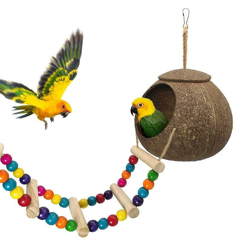 Coconut Bird Nest Hut with Ladder for Parrots Parakeets Conures Cockatiels