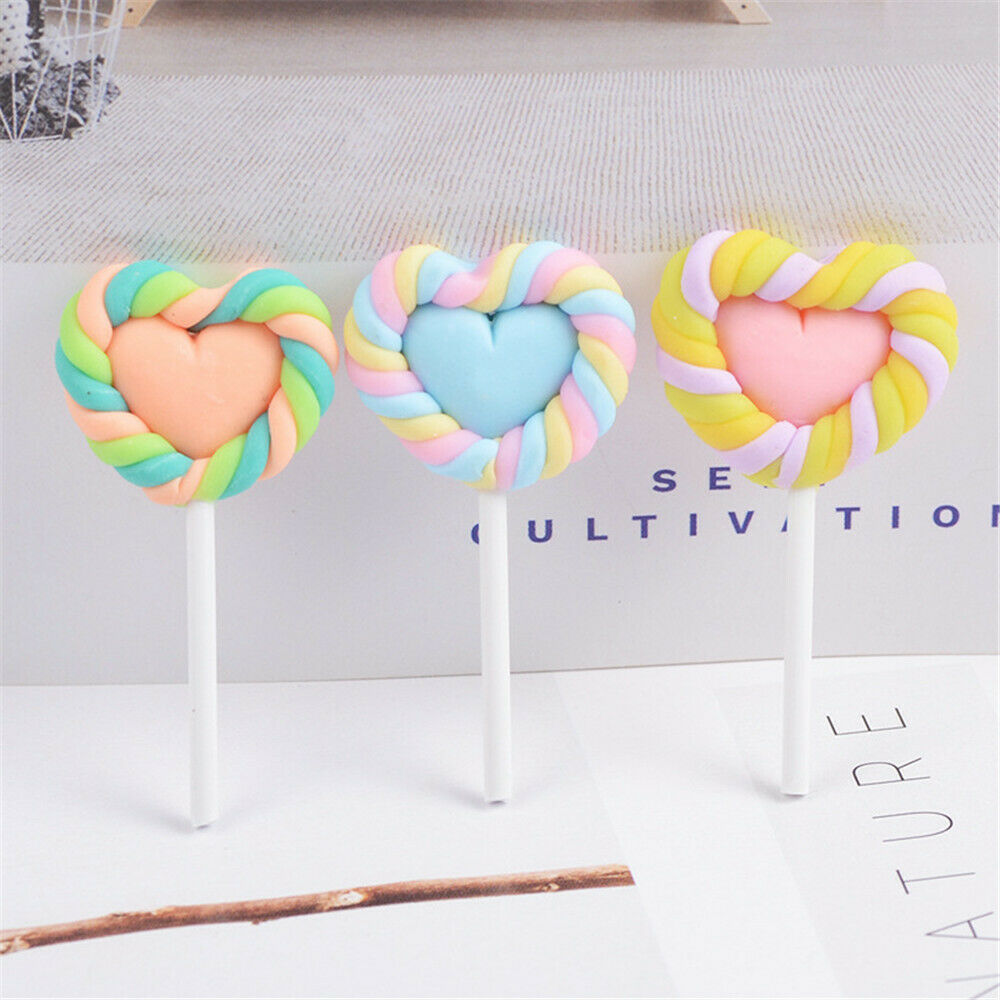 Lot of (x6) Random Polymer Clay Heart Lollipops Craft Embellishments Slime Charm