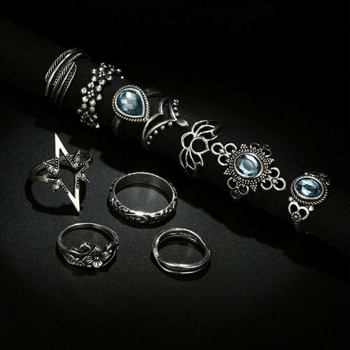 11Pcs/Set Boho Women Blue Crystal Flower Rings Set Leaf Lotus Knuckle Midi Rings
