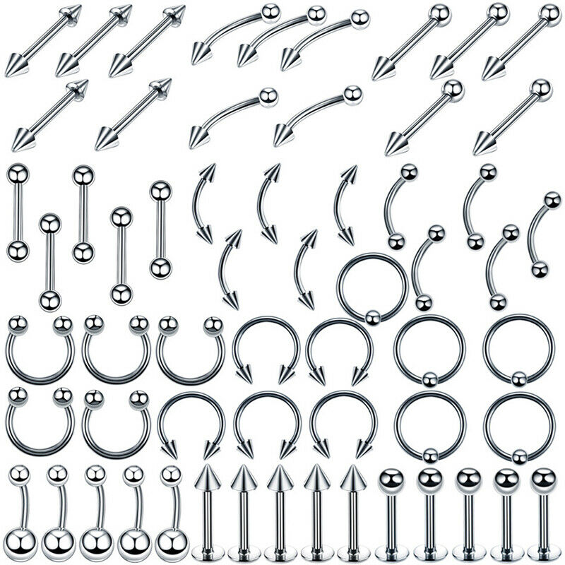 60Pcs Steel Mixed Nose Lip Eyebrow Tongue Belly Bar Ring Body Piercing Je.l8