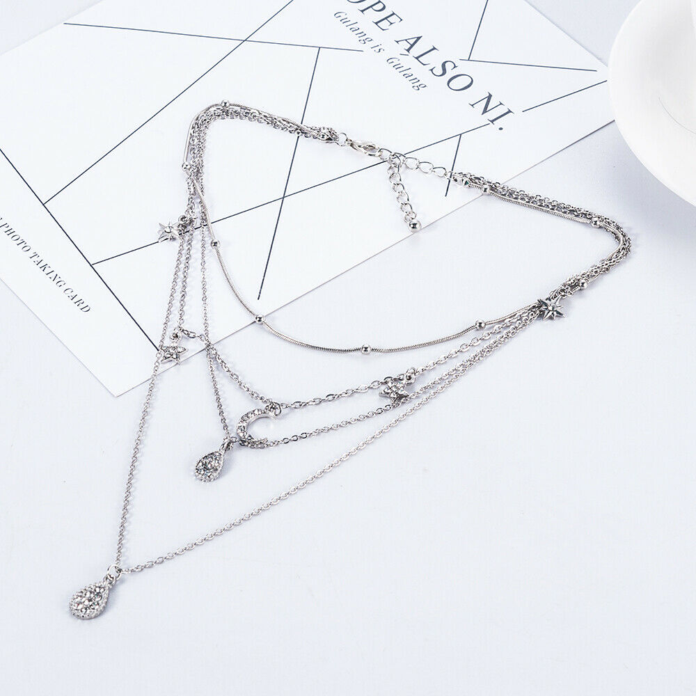 Women Multilayer Choker Pendant Necklace Crystal Star Moon Chain Jewelry Gift