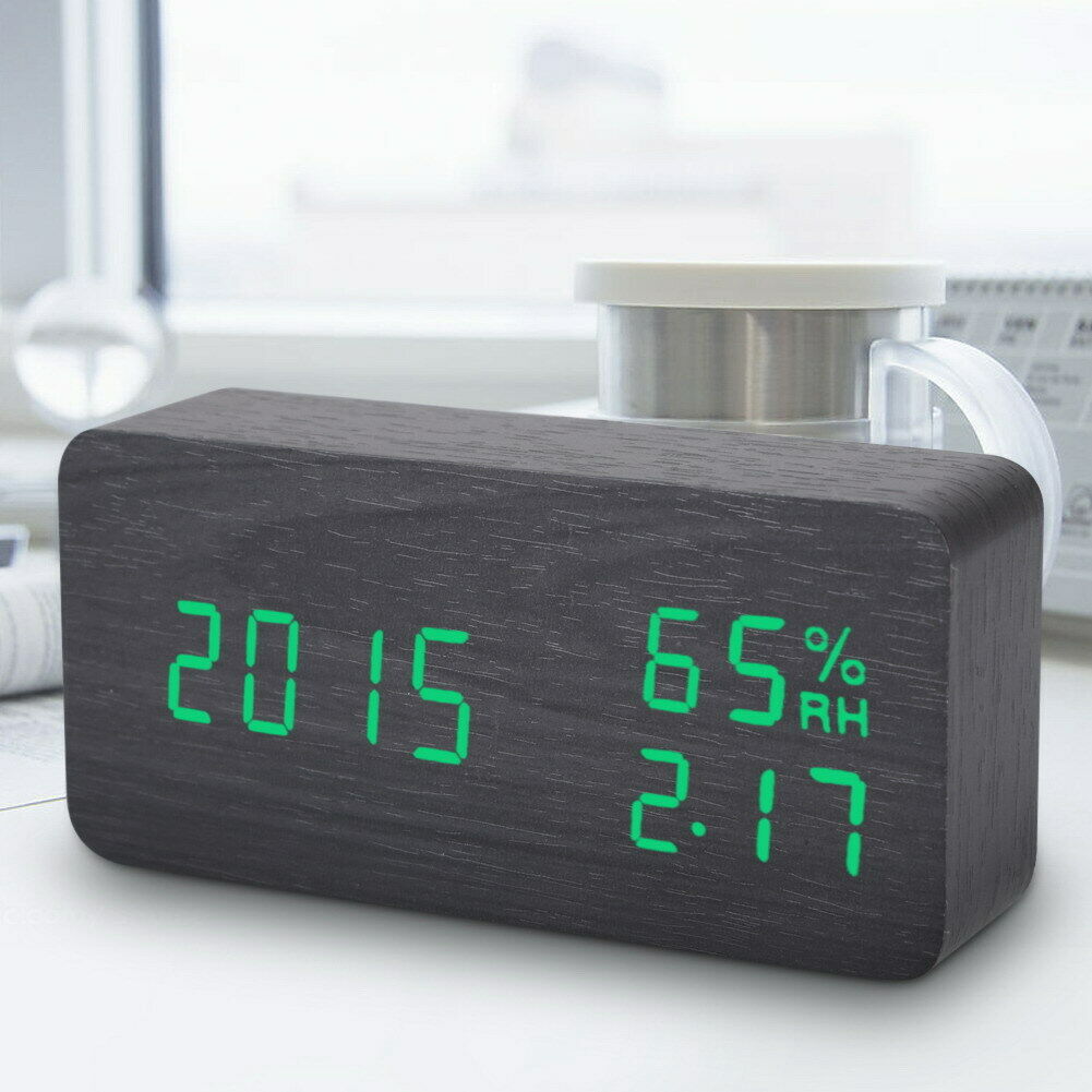 LED Wooden Alarm Clock Voice Control Digital Electronic Desktop Clock Decor @