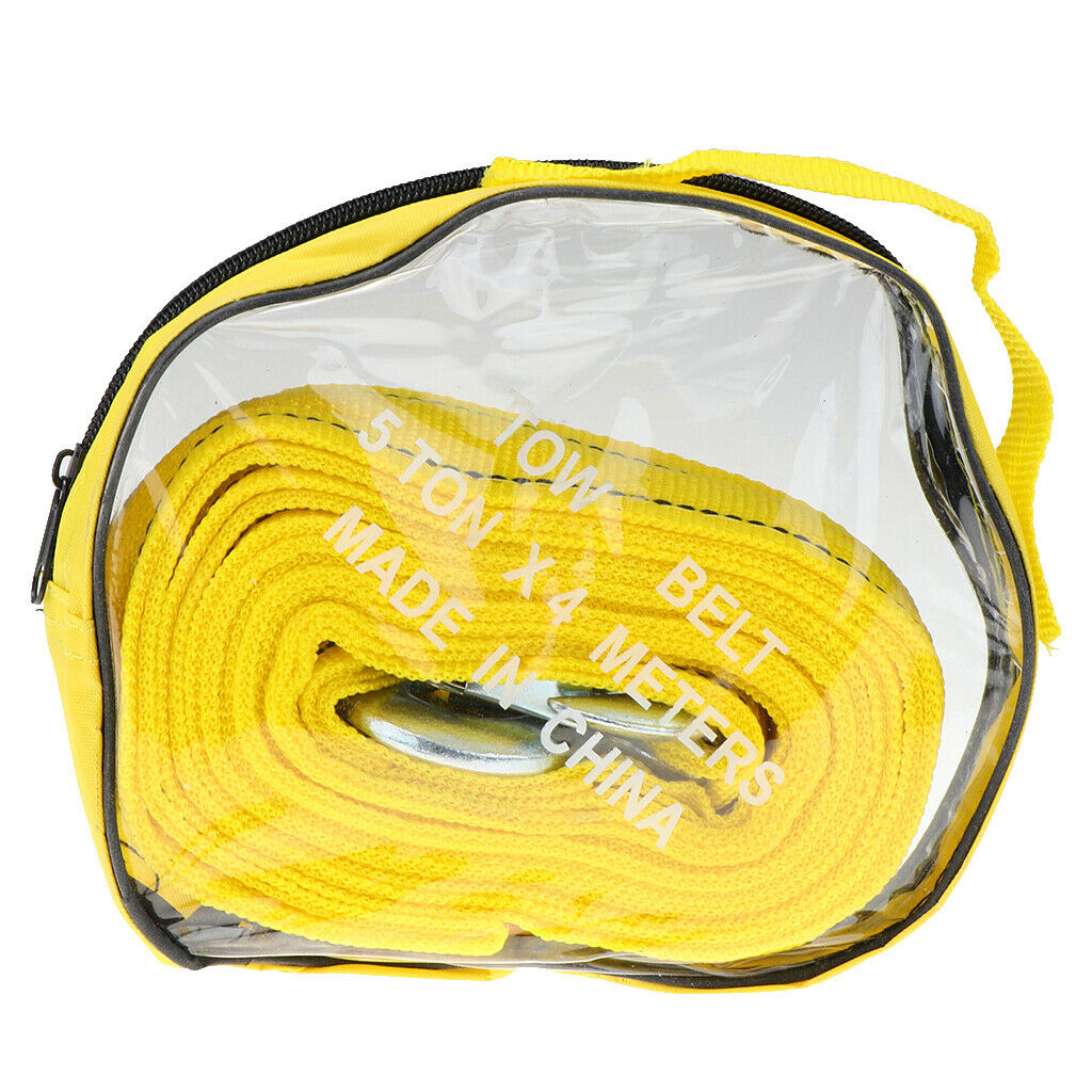 Yellow 4M 5 Ton Car Tow Cable Strap Hooks Emergency Service Towing Pull Rope