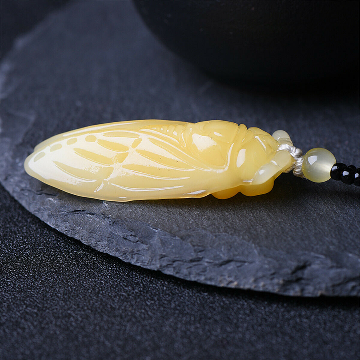 Natural Yellow Jade Cicada Carved Amulet Lucky Pendant Beads Necklace Jewelry