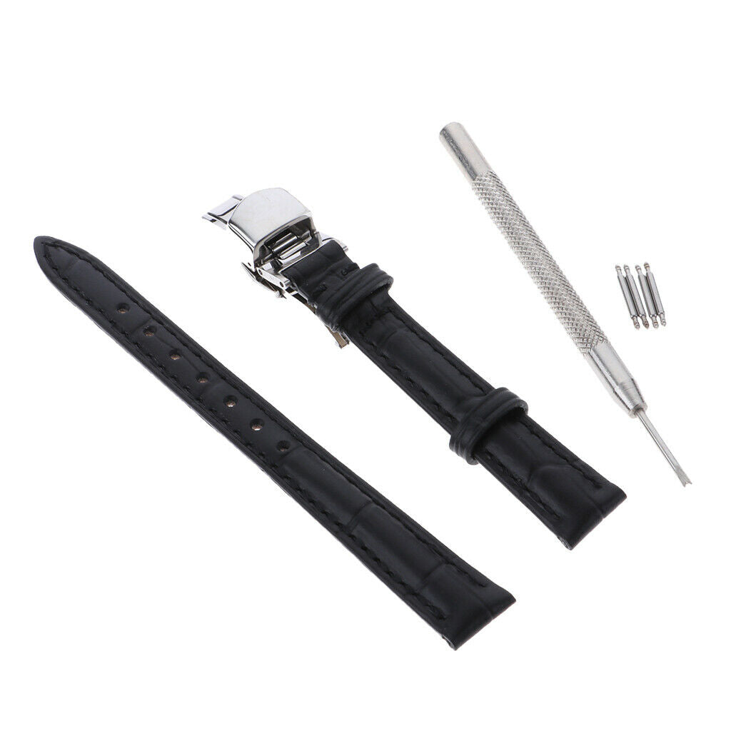 Watch Band Leather Replacement Belt Buckle Accessory Black with black line