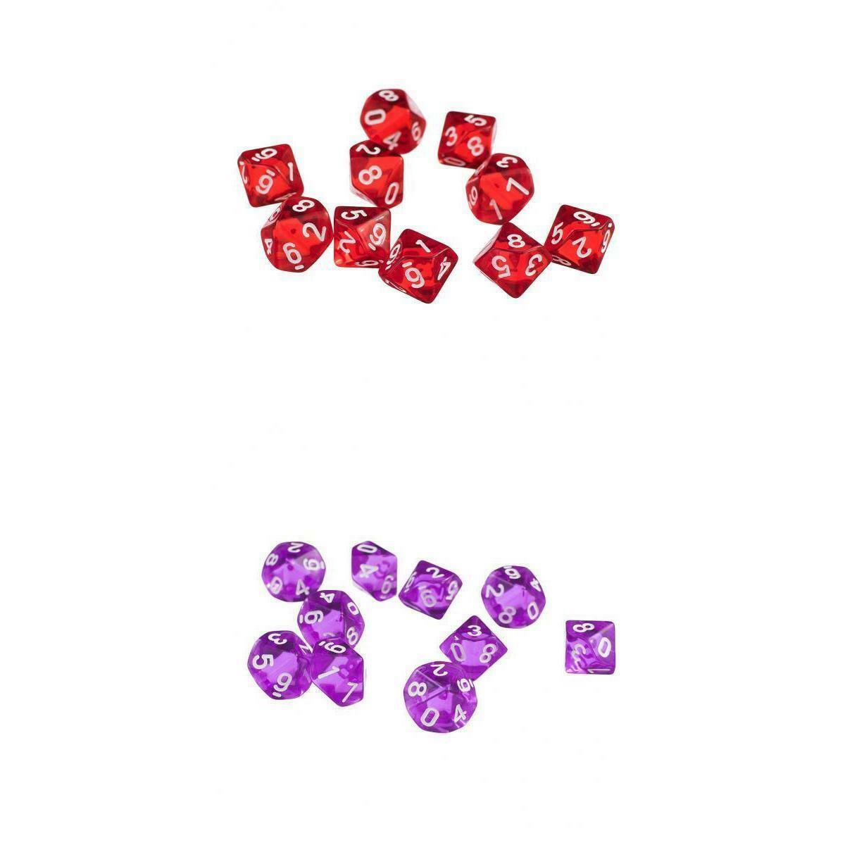 20pcs 10 Sided Dice D10 Transparent Polyhedral Dice For D&D RPG Red&Purple