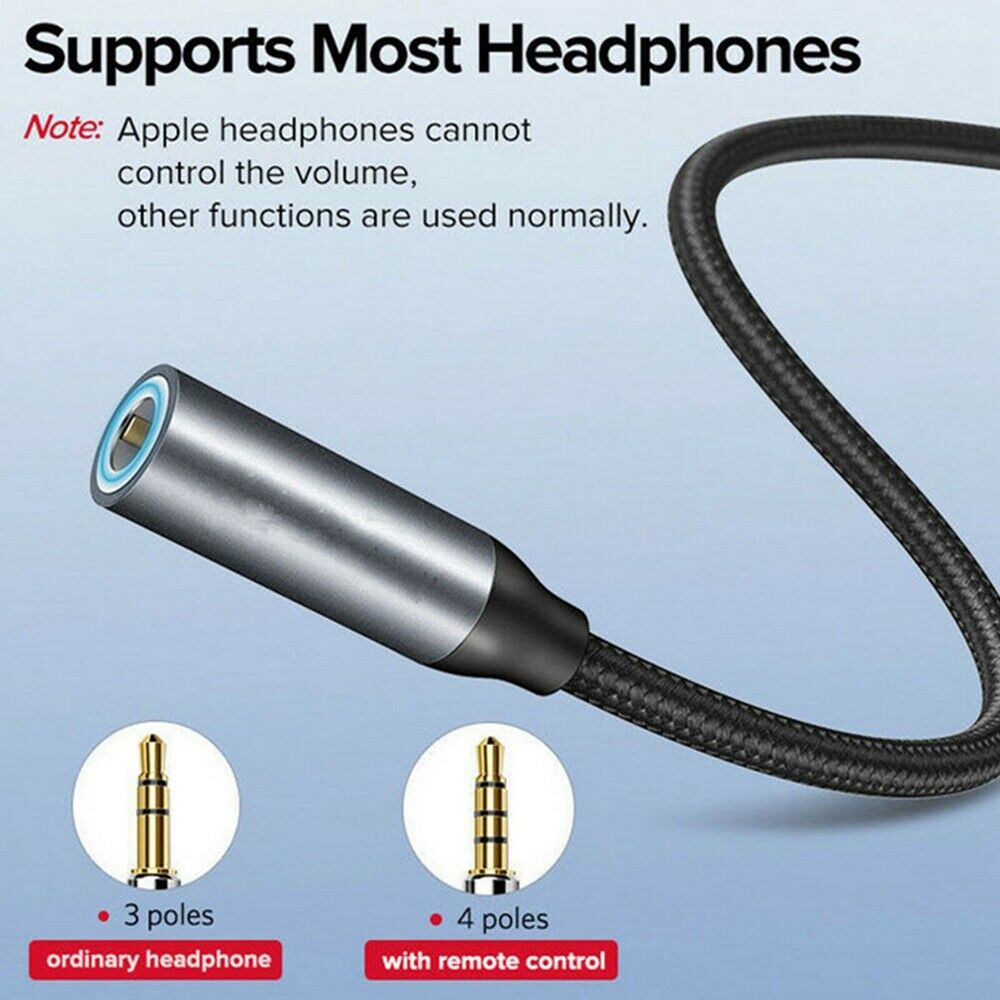 1* USB Type-C to 3.5mm Aux Audio Jack Active DAC Headphone Adapter Braided Cable
