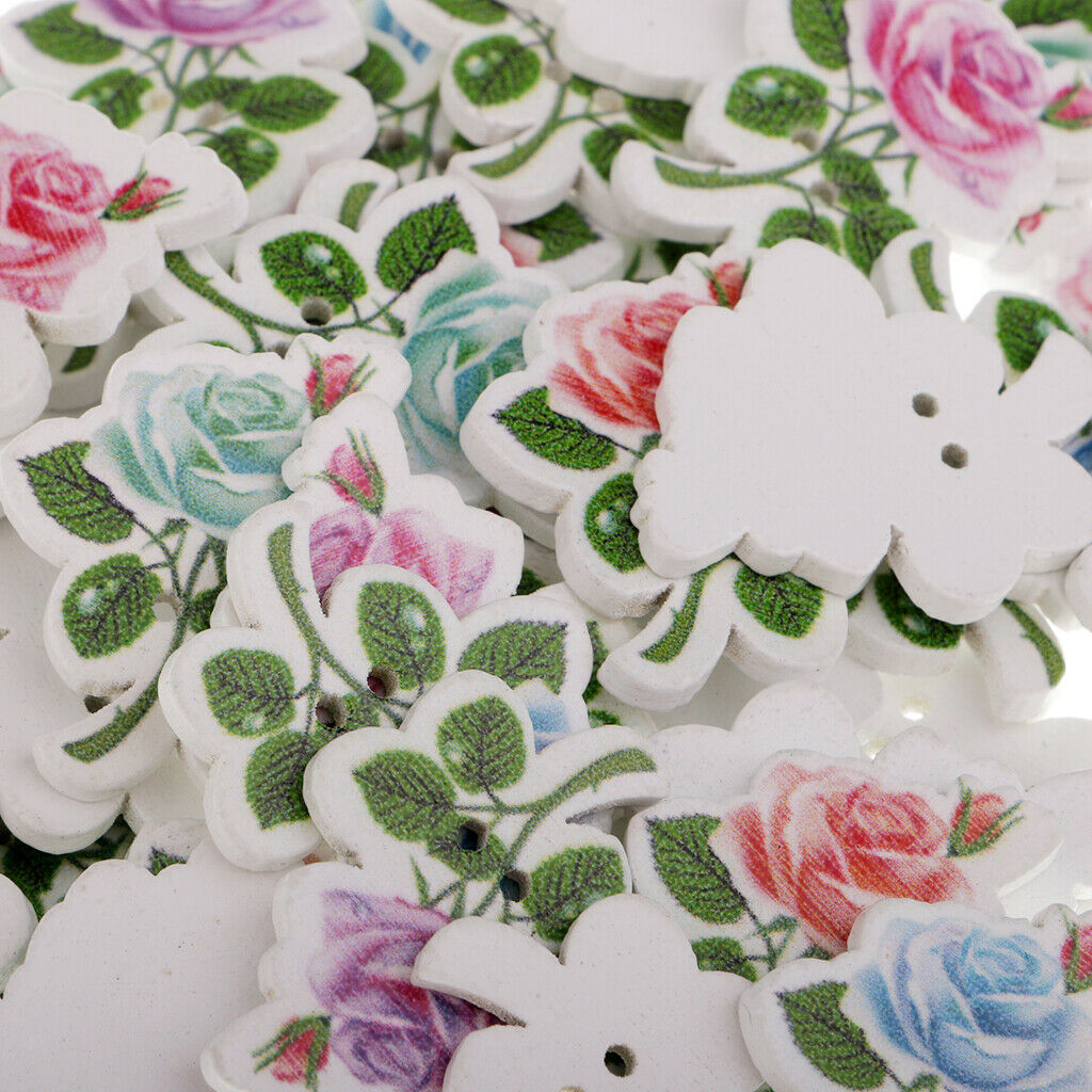 50pcs Rose Flower Shape 2 Holes Wooden Button for Scrapbooking Decoration