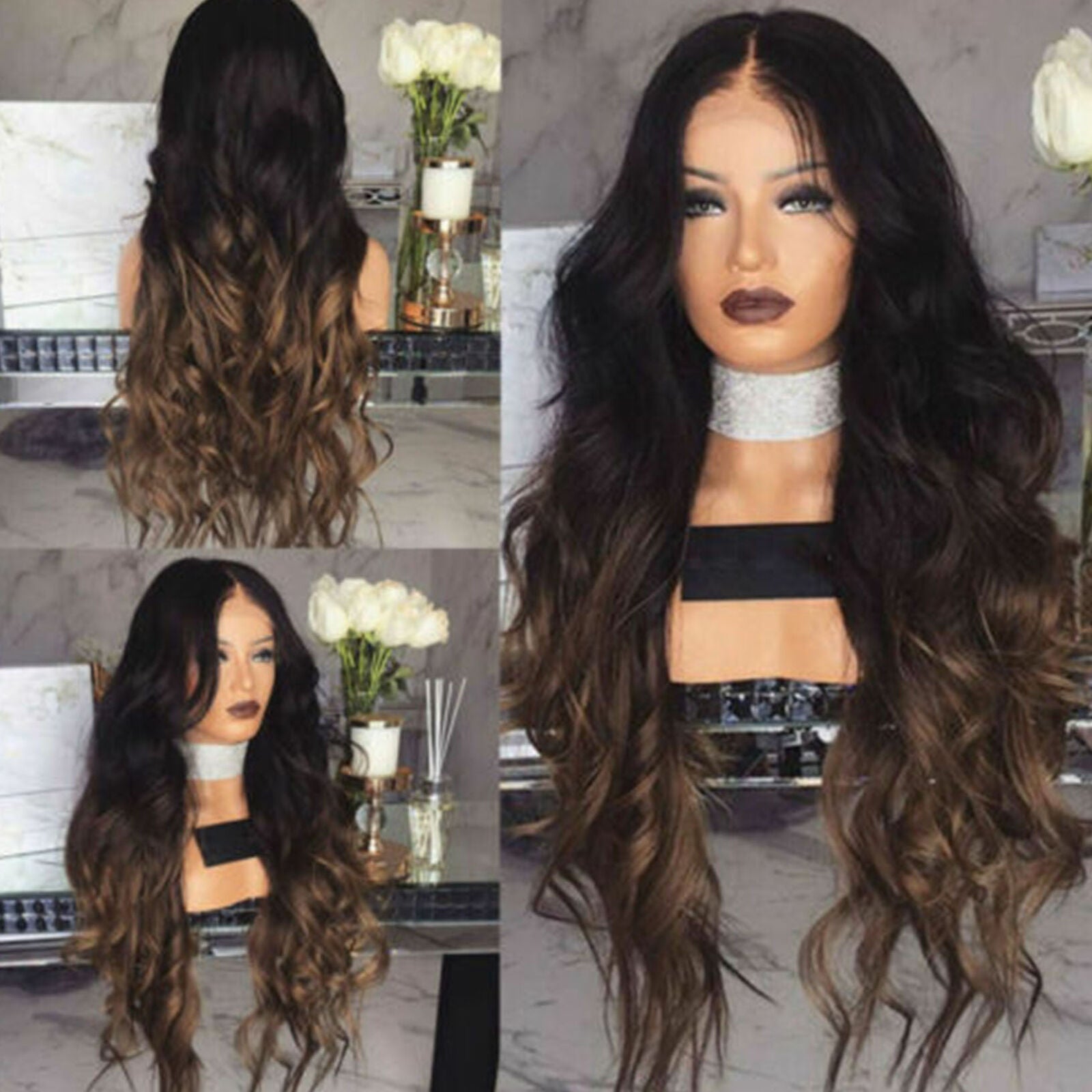 Stylish Long Wavy Wigs Black Brown Ombre Synthetic Full Curly Hair For Women