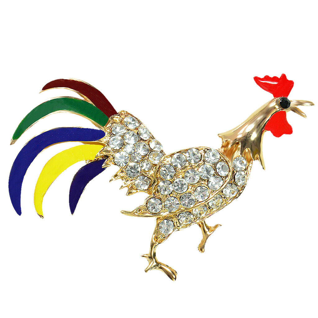 Rooster Cock Brooch Pin Zodiac Animal Enamel with Sparkling Zircons golden