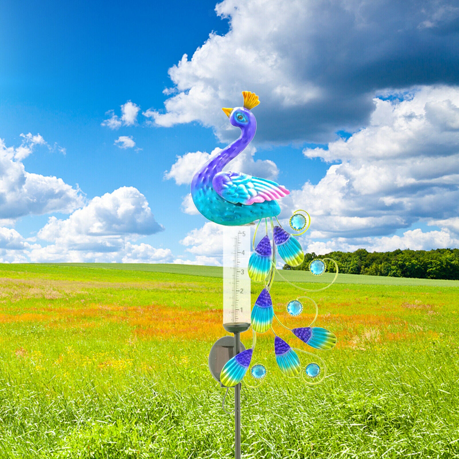 Creative Peacock Rain Gauge Outdoor Solar LED Light Metal Stake Garden Decor