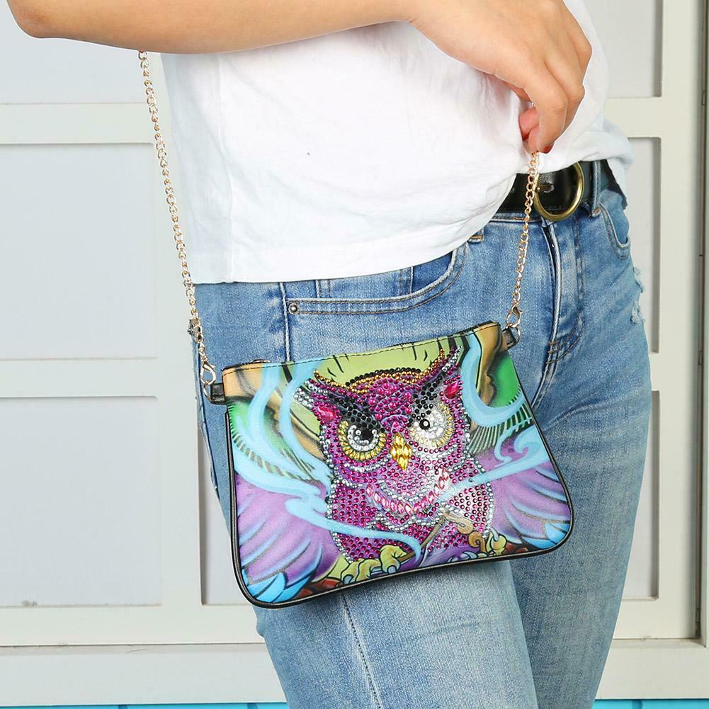 DIY Owl Special Shaped Diamond Painting Leather Crossbody Bags Chain Clutch @