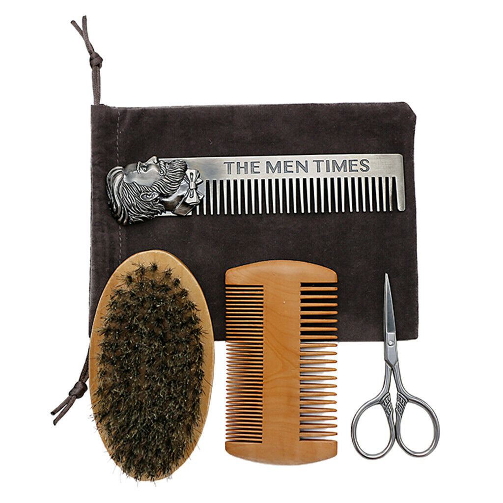 Wide Tooth Comb Set for Beard Mustache + Artificial Brush 4 Pieces