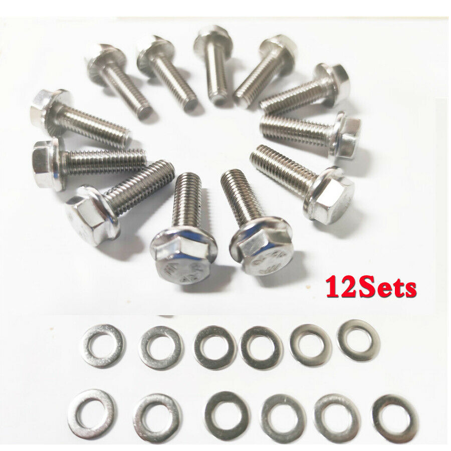 12Set Exhaust Manifold Bolts M8x25mm Washers For Chevy GM V8 LS1 LS2 LS3 LS6 LSX