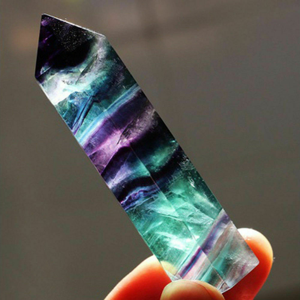 50g 50-60MM Natural Colorful Fluorite Quartz Crystal Wand Point Healing Stone~