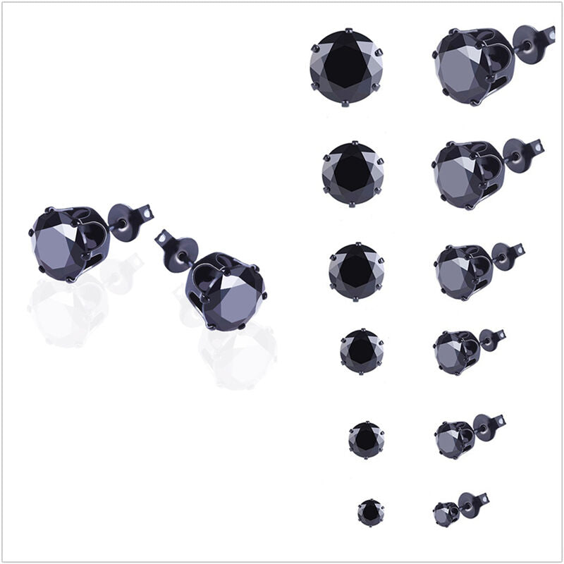 Men Women Stainless Steel Black Round Cubic Ear Studs Earrings 3mm-8mm 6P.l8